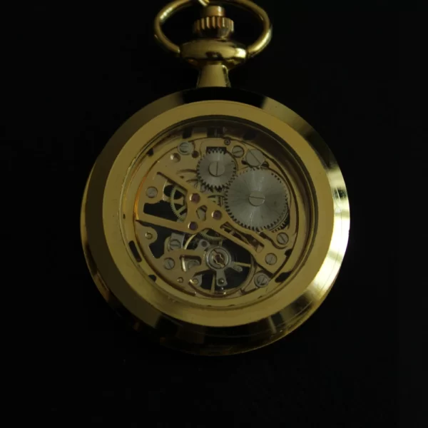 Gouden zakhorloge met ketting klassieke wijzers – transparant uurwerk