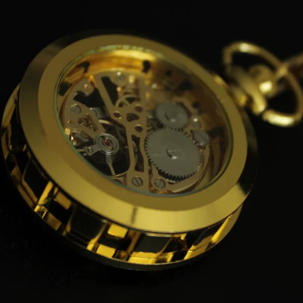 Gouden zakhorloge met ketting klassieke wijzers – transparant uurwerk