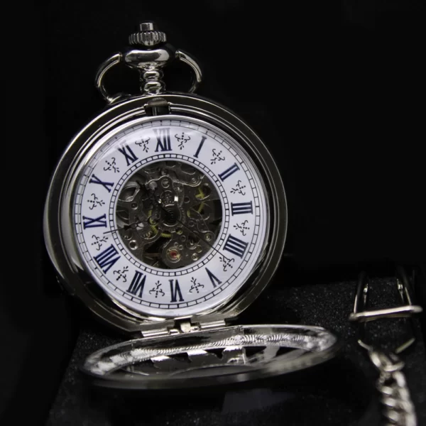 Zilveren zakhorloge met ketting - doorzichtig met zilveren zon