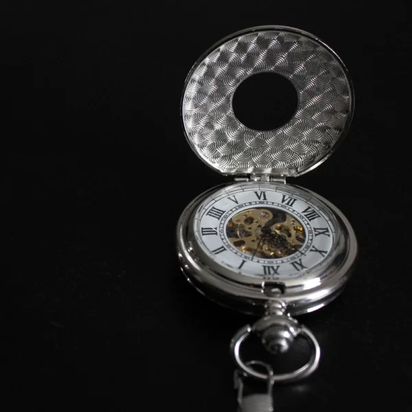 Zilveren zakhorloge met ketting – dubbele opening met doorkijk