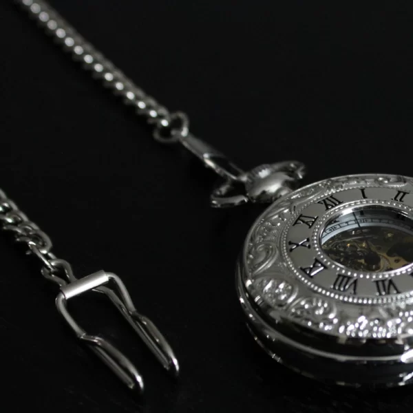 Zilveren zakhorloge met ketting – dubbele opening met doorkijk